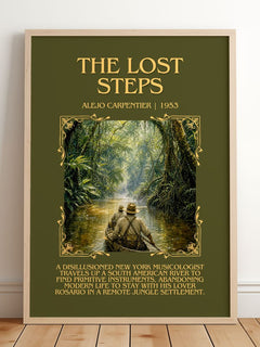 The Lost Steps Minimalist Book Poster by Alejo Carpentier – framed print leaning on a wooden floor