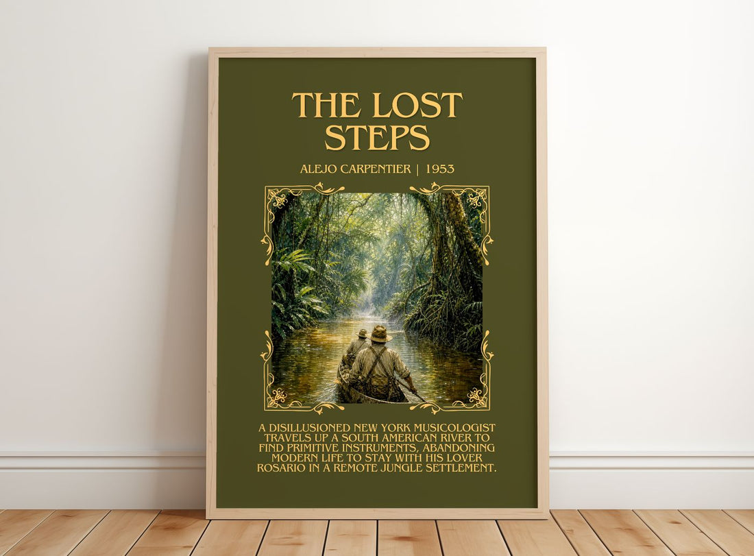 The Lost Steps Minimalist Book Poster by Alejo Carpentier – framed print leaning on a wooden floor