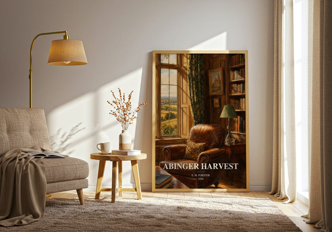 Abinger Harvest watercolour print in frame leaning in hallway – non fiction wall art (mockup)