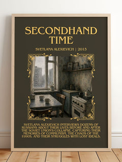 Secondhand Time Minimalist Book Poster by Svetlana Alexievich – framed print leaning on a wooden floor