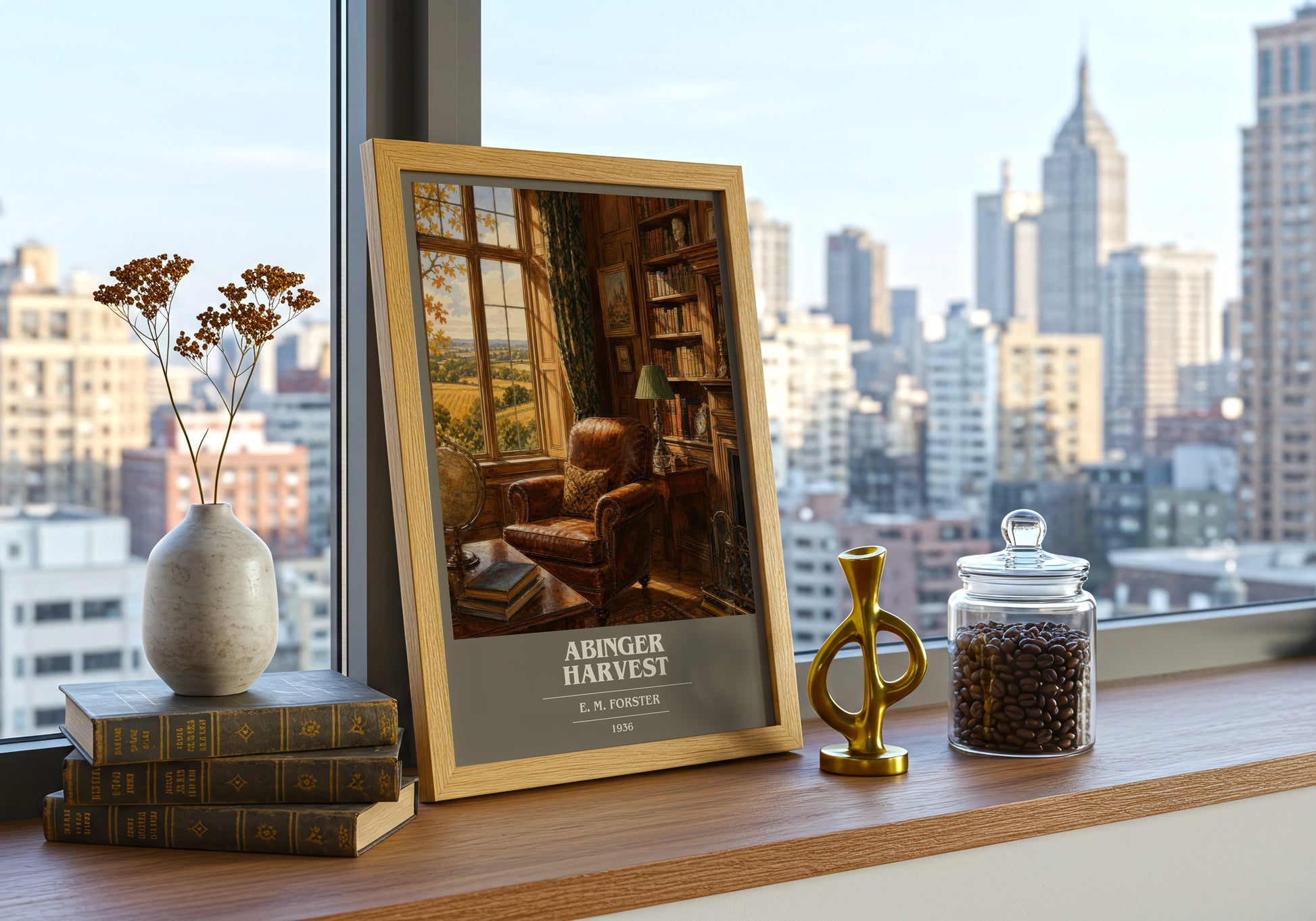 Abinger Harvest book cover print framed by window – literary home decor