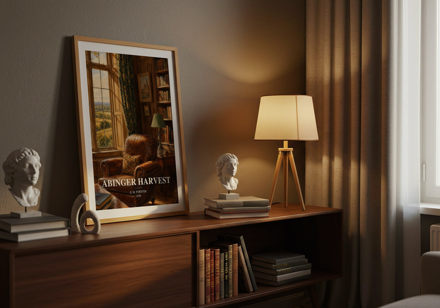 Abinger Harvest watercolour print on bookshelf – E. M. Forster fan gift