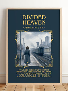 Divided Heaven Minimalist Book Poster by Christa Wolf – framed print leaning on a wooden floor