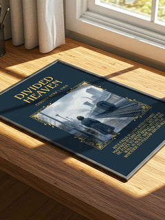 Divided Heaven Minimalist Book Poster by Christa Wolf – print on a sunlit desk