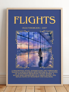 Flights Minimalist Book Poster by Olga Tokarczuk – framed print leaning on a wooden floor