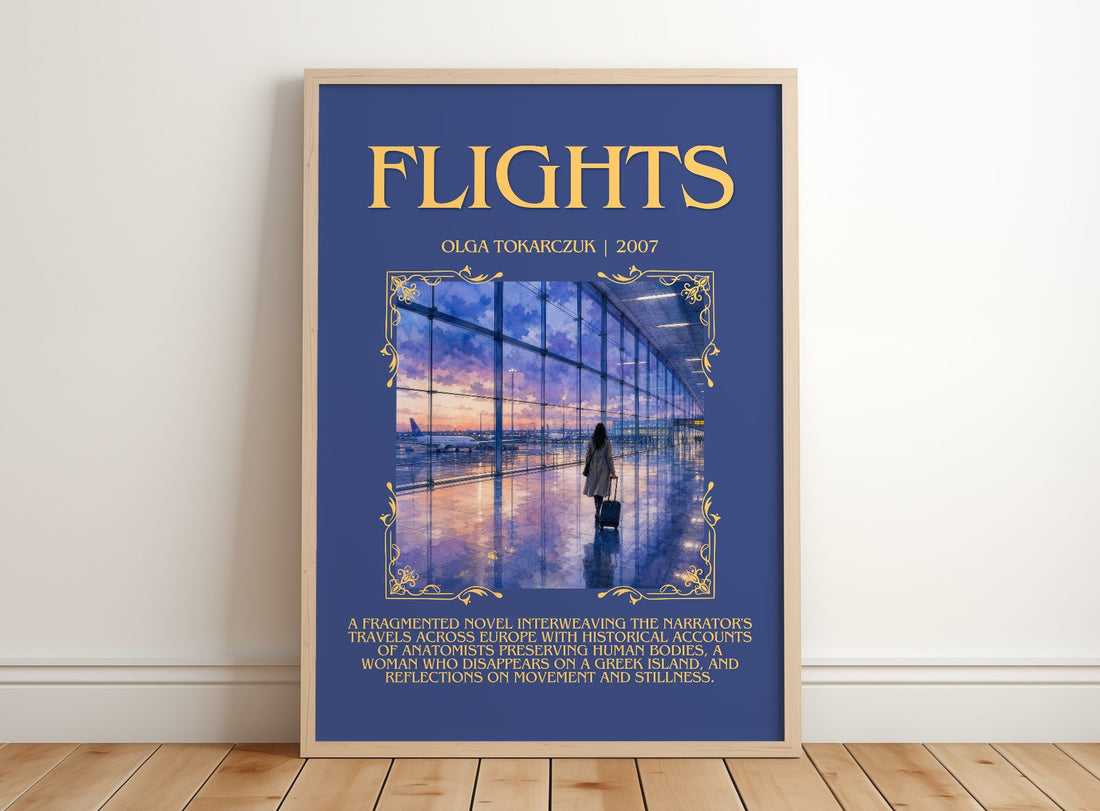 Flights Minimalist Book Poster by Olga Tokarczuk – framed print leaning on a wooden floor