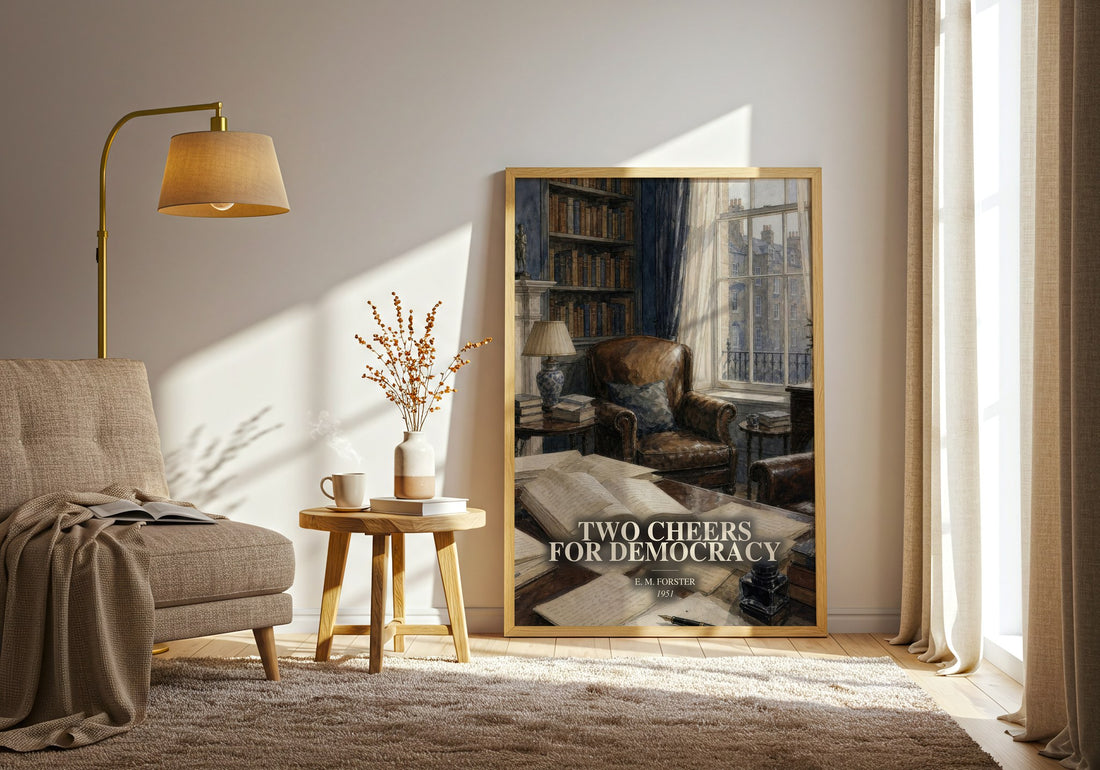 Two Cheers For Democracy watercolour print in frame leaning in hallway – non fiction wall art (mockup)