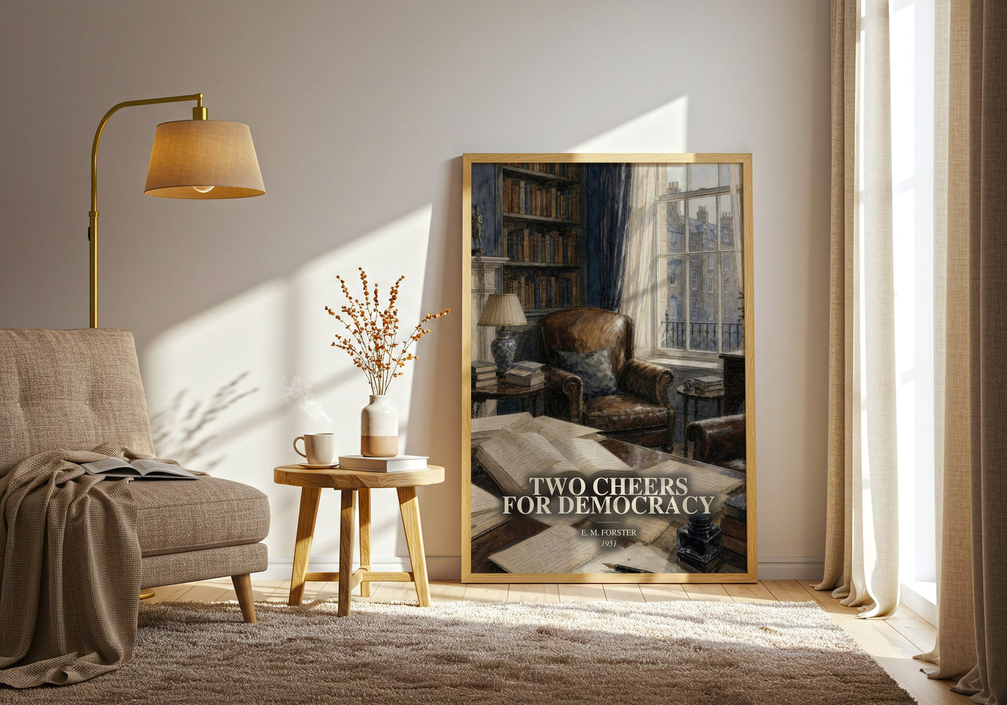 Two Cheers For Democracy watercolour print in frame leaning in hallway – non fiction wall art