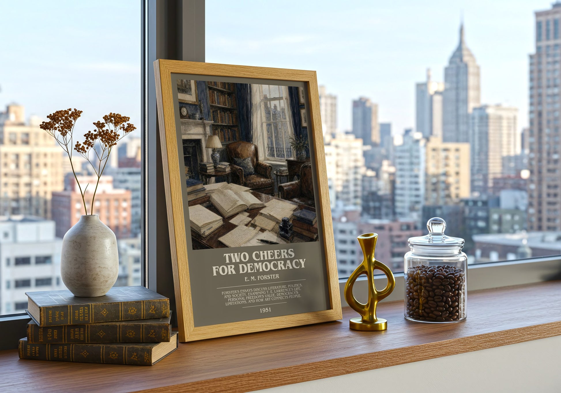 Two Cheers For Democracy bookish print framed by window – literary home decor