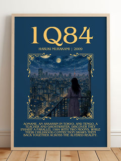 1Q84 Minimalist Book Poster by Haruki Murakami – framed print leaning on a wooden floor