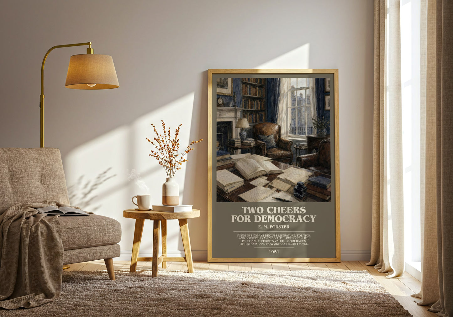 Two Cheers For Democracy bookish print on bookshelf – E. M. Forster fan gift
