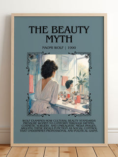The Beauty Myth Minimalist Book Poster by Naomi Wolf – framed print leaning on a wooden floor