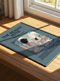The Beauty Myth Minimalist Book Poster by Naomi Wolf – print on a sunlit desk