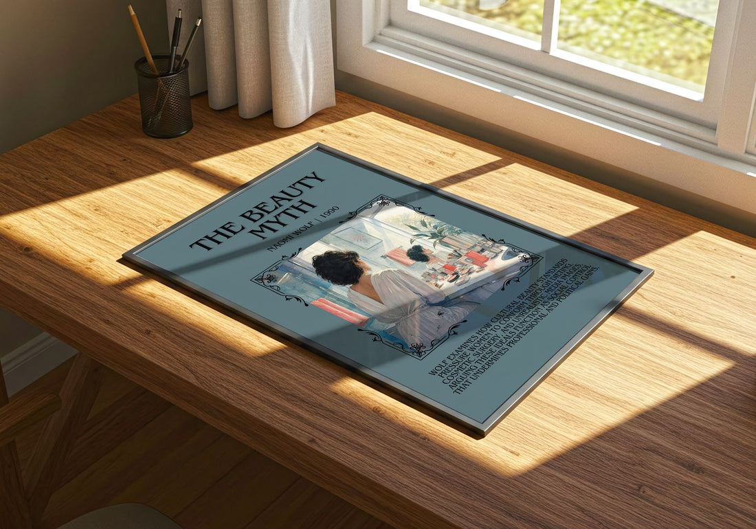 The Beauty Myth Minimalist Book Poster by Naomi Wolf – print on a sunlit desk