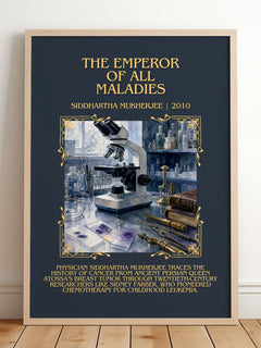 Emperor of All Maladies Minimalist Book Poster by Siddhartha Mukherjee – framed print leaning on a wooden floor
