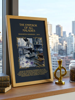 Emperor of All Maladies Minimalist Book Poster by Siddhartha Mukherjee – framed print on a city-view windowsill