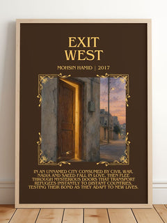 Exit West Minimalist Book Poster by Mohsin Hamid – framed print leaning on a wooden floor