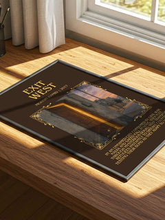 Exit West Minimalist Book Poster by Mohsin Hamid – print on a sunlit desk