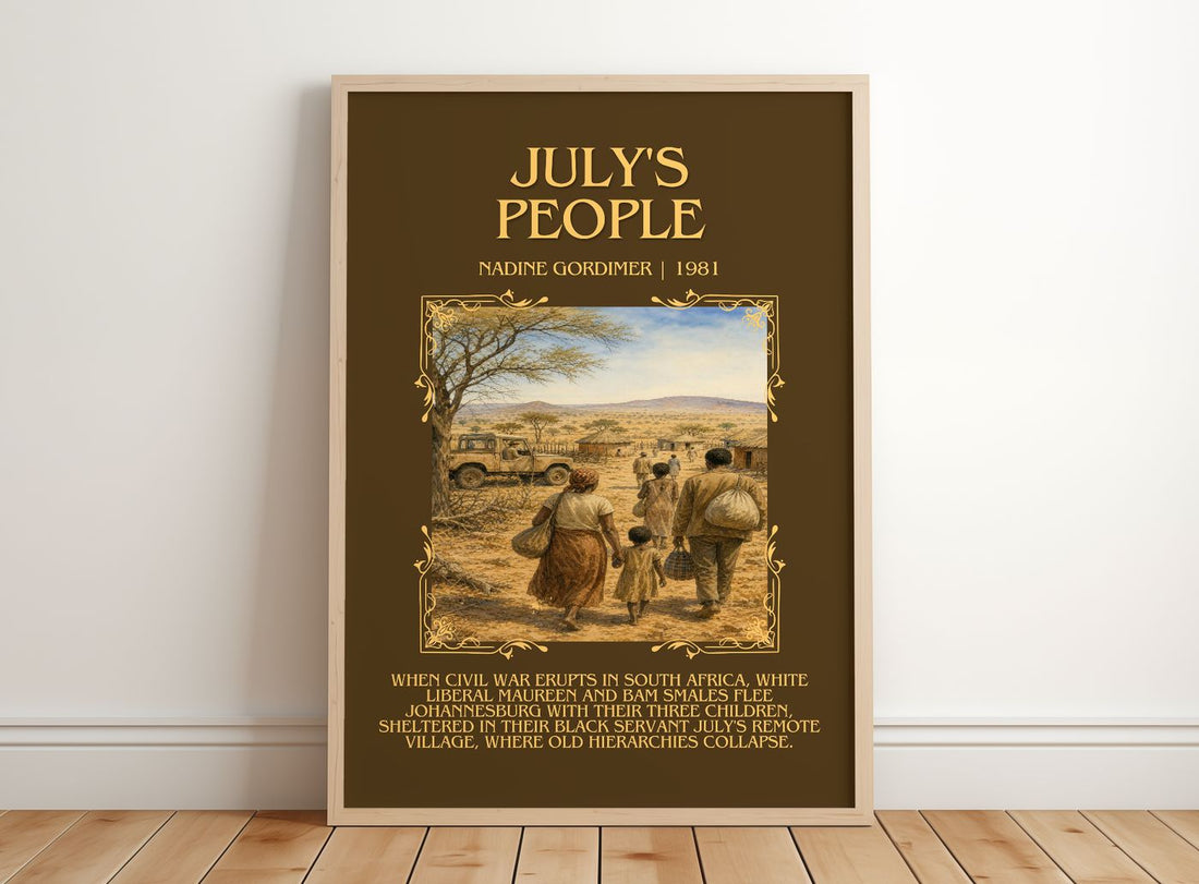 July's People Minimalist Book Poster by Nadine Gordimer – framed print leaning on a wooden floor