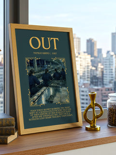 Out Minimalist Book Poster by Natsuo Kirino – framed print on a city-view windowsill