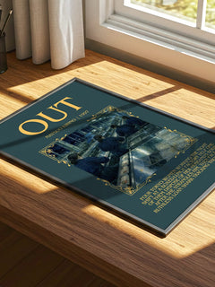 Out Minimalist Book Poster by Natsuo Kirino – print on a sunlit desk