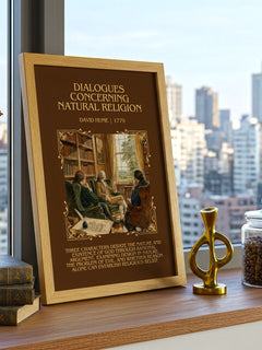 Dialogues Concerning Natural Religion Minimalist Book Poster by David Hume – framed print on a city-view windowsill