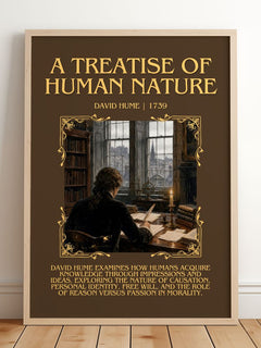A Treatise of Human Nature Minimalist Book Poster by David Hume – framed print leaning on a wooden floor