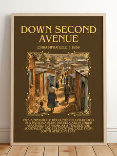 Down Second Avenue Minimalist Book Poster by Es'kia Mphahlele – framed print leaning on a wooden floor