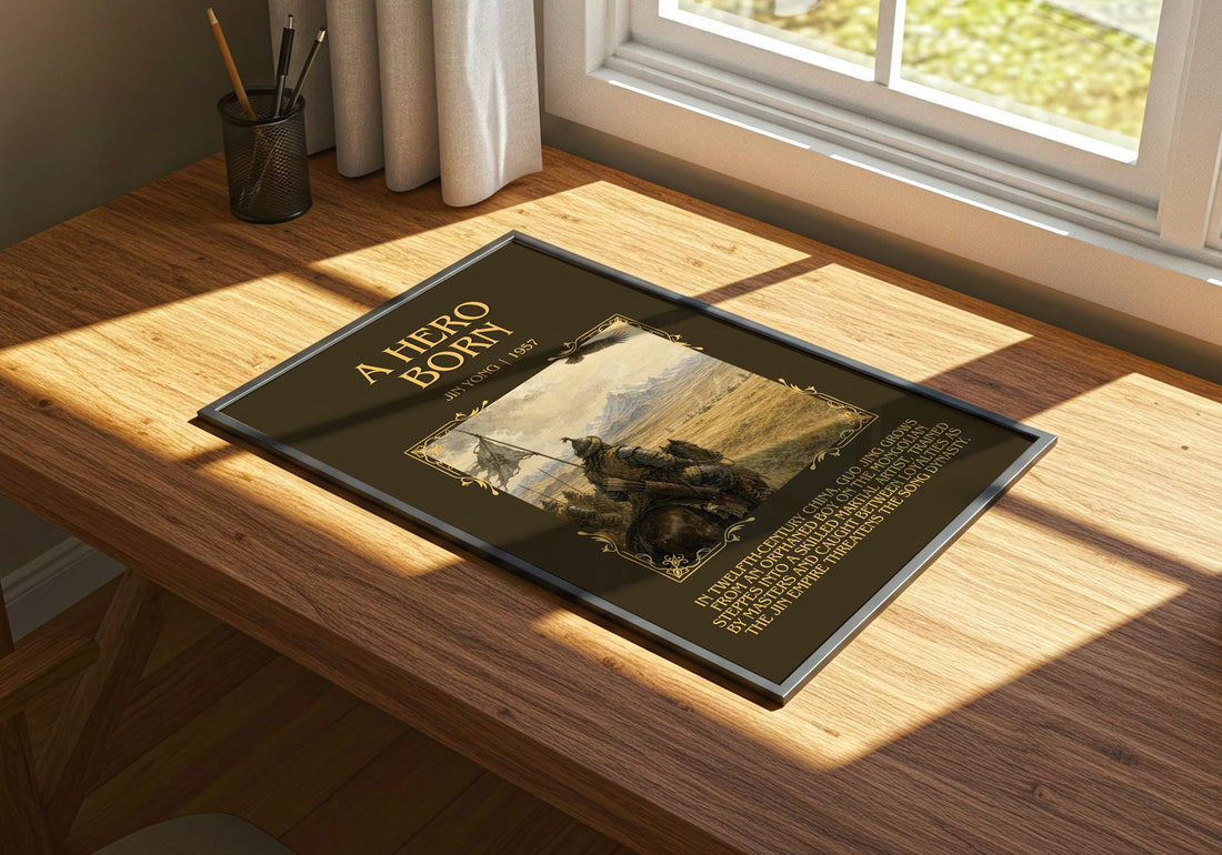 A Hero Born Minimalist Book Poster by Jin Yong – print on a sunlit desk