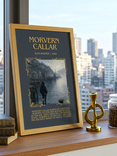 Morvern Callar Minimalist Book Poster by Alan Warner – framed print on a city-view windowsill