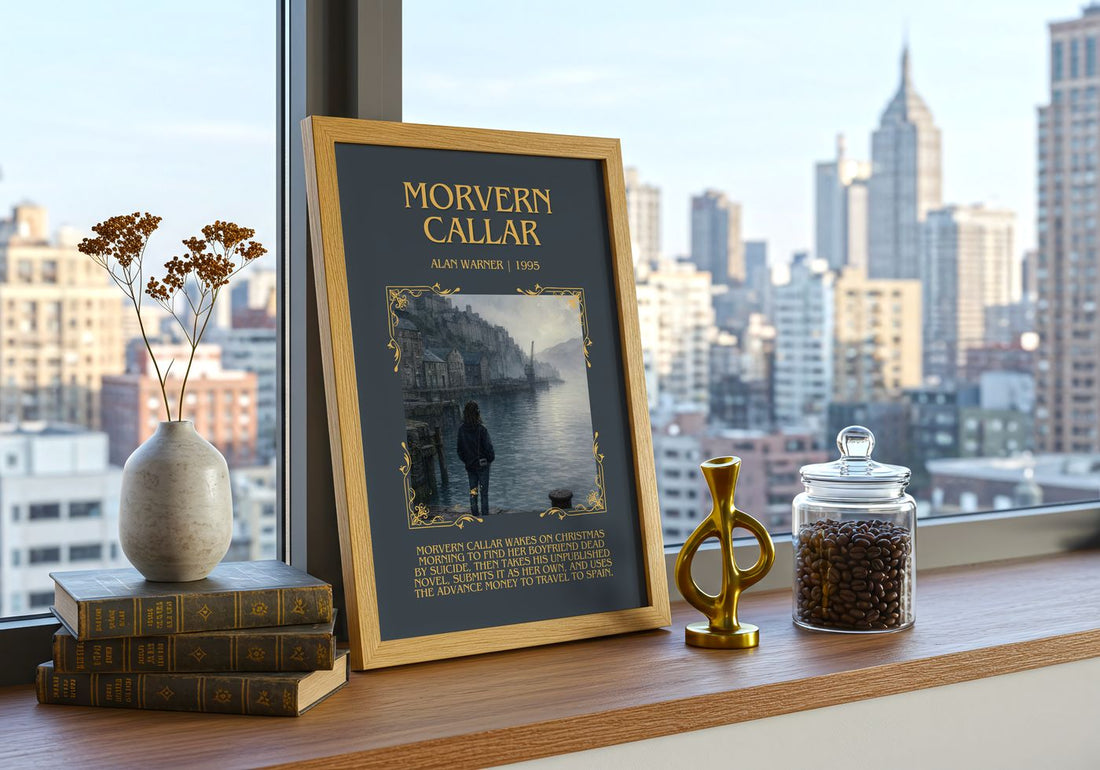 Morvern Callar Minimalist Book Poster by Alan Warner – framed print on a city-view windowsill