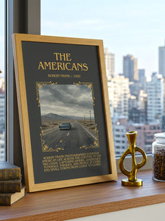 The Americans Minimalist Book Poster by Robert Frank – framed print on a city-view windowsill