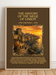 History of the Siege of Lisbon Minimalist Book Poster by José Saramago – framed print leaning on a wooden floor