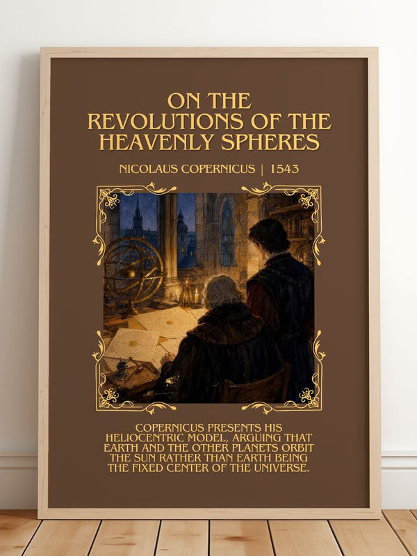 On the Revolutions of the Heavenly Spheres Minimalist Book Poster by Nicolaus Copernicus – framed print leaning on a wooden floor
