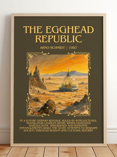 The Egghead Republic Minimalist Book Poster by Arno Schmidt – framed print leaning on a wooden floor