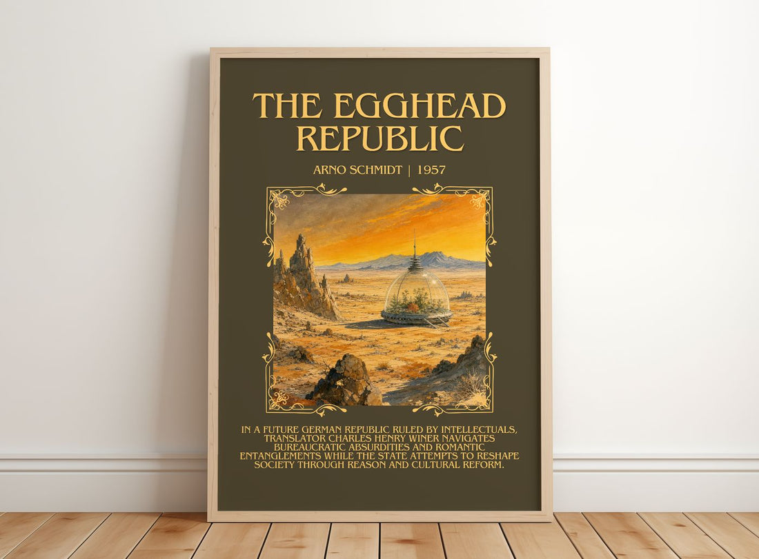 The Egghead Republic Minimalist Book Poster by Arno Schmidt – framed print leaning on a wooden floor