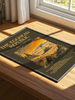 The Egghead Republic Minimalist Book Poster by Arno Schmidt – print on a sunlit desk