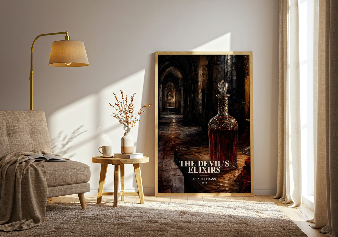 The Devil'S Elixirs watercolour print in frame leaning in hallway – gothic wall art (mockup)