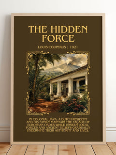 The Hidden Force Minimalist Book Poster by Louis Couperus – framed print leaning on a wooden floor