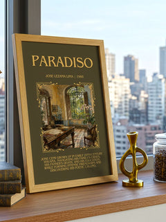 Paradiso Minimalist Book Poster by José Lezama Lima – framed print on a city-view windowsill