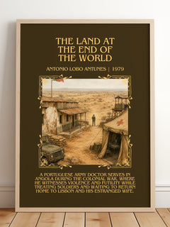Land At The End Of The World Minimalist Book Poster by A. Antunes – framed print leaning on a wooden floor