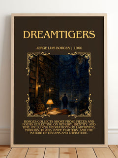 Dreamtigers Minimalist Book Poster by Jorge Luis Borges – framed print leaning on a wooden floor