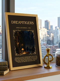 Dreamtigers Minimalist Book Poster by Jorge Luis Borges – framed print on a city-view windowsill