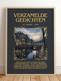 Verzamelde Gedichten Minimalist Book Poster by J.C. Bloem – framed print leaning on a wooden floor