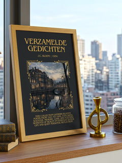 Verzamelde Gedichten Minimalist Book Poster by J.C. Bloem – framed print on a city-view windowsill