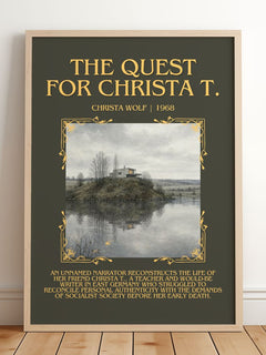 The Quest for Christa T. Minimalist Book Poster by Christa Wolf – framed print leaning on a wooden floor