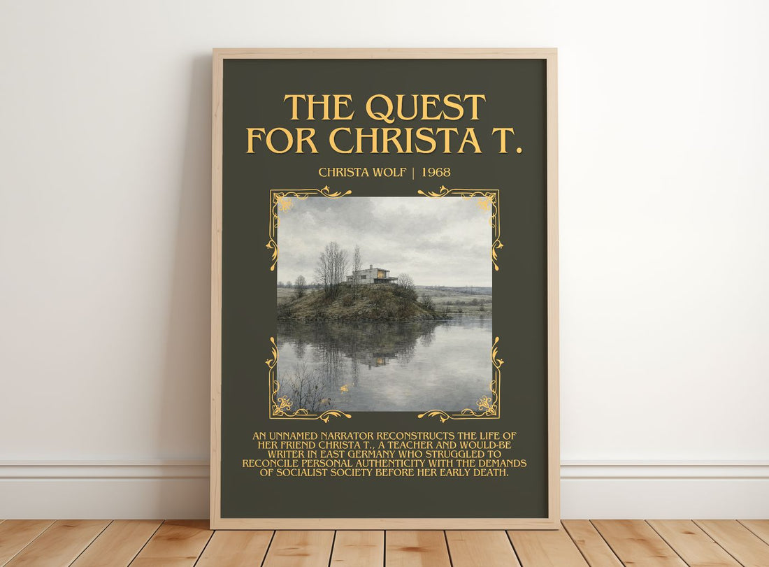 The Quest for Christa T. Minimalist Book Poster by Christa Wolf – framed print leaning on a wooden floor