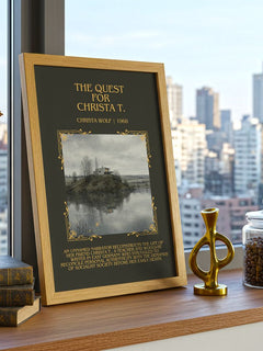 The Quest for Christa T. Minimalist Book Poster by Christa Wolf – framed print on a city-view windowsill