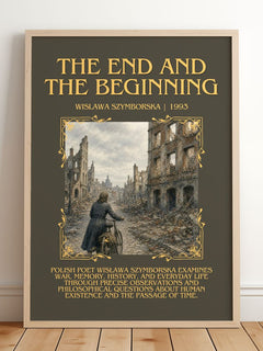 The End And The Beginning Minimalist Book Poster by Wislawa Szymborska – framed print leaning on a wooden floor