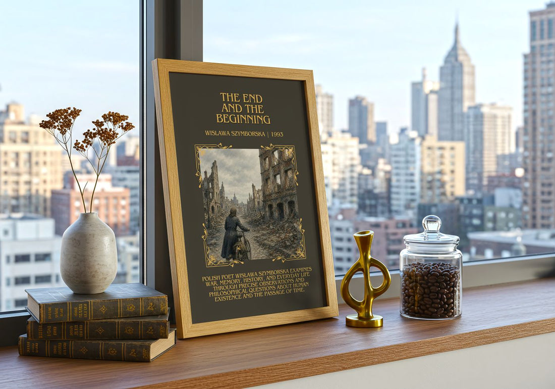 The End And The Beginning Minimalist Book Poster by Wislawa Szymborska – framed print on a city-view windowsill